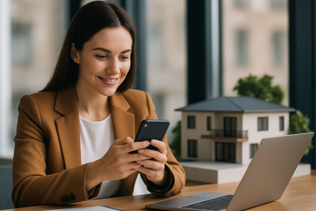 Agent nieruchomości pracujący przy laptopie – marketing nieruchomości